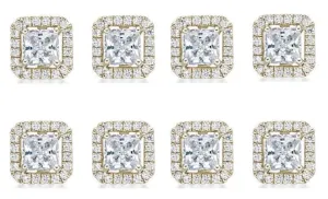 18k Yellow Gold Plated 4mm 2Ct Princess Cut White Sapphire Set of Four Halo Stud Earrings