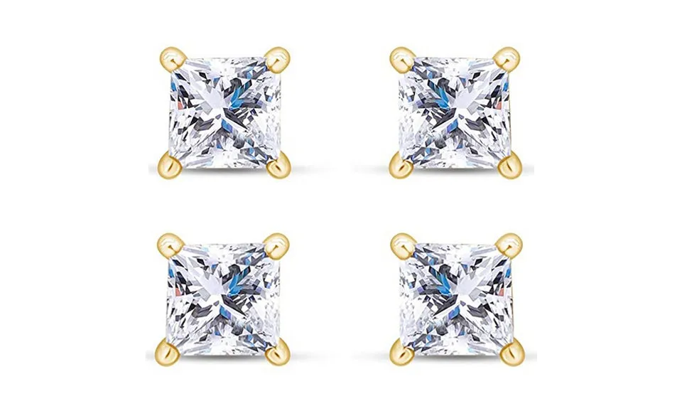 18k Yellow Gold Plated 6mm 3Ct Princess Cut White Sapphire Set Of Two Stud Earrings