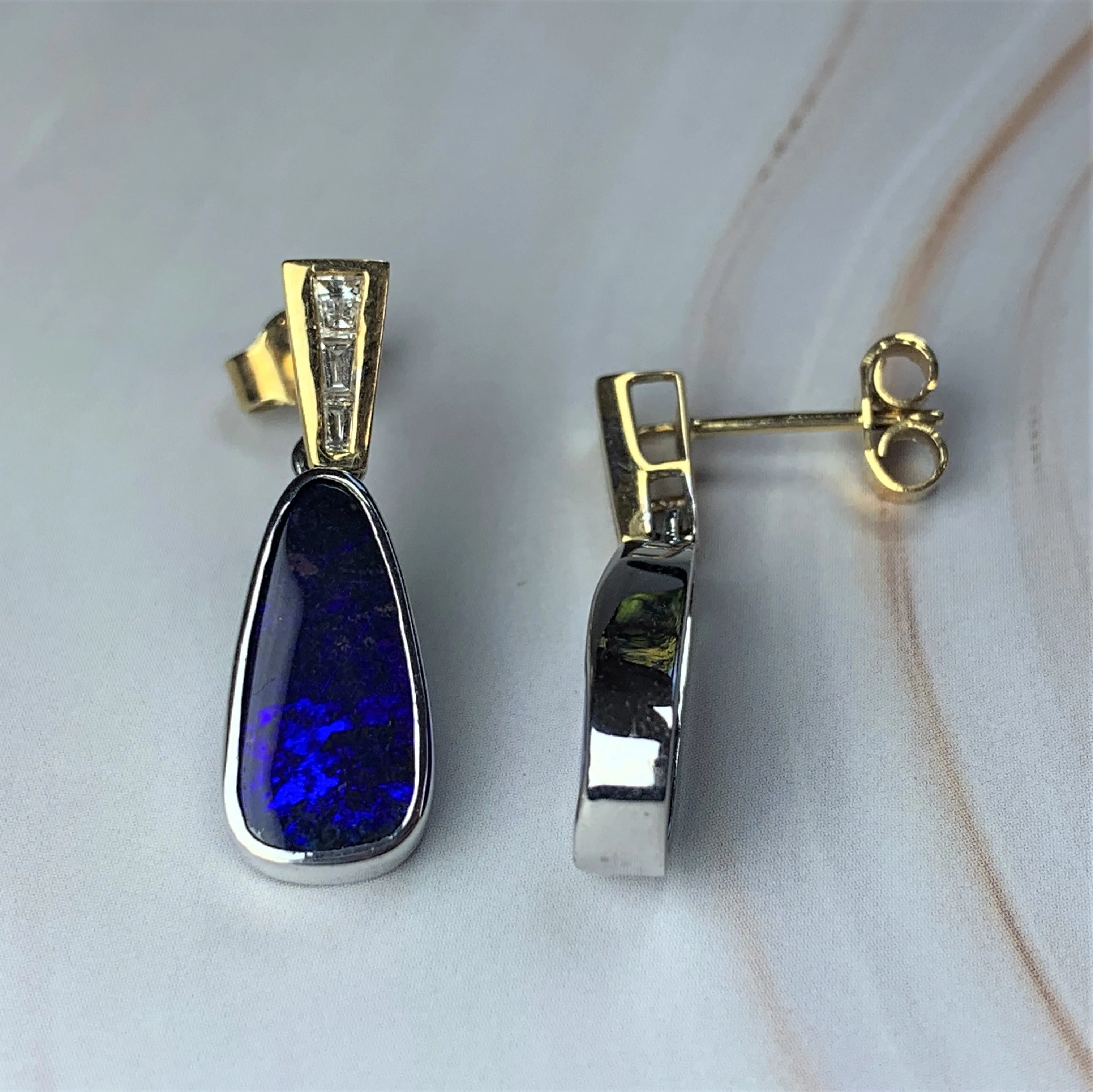 18kt Yellow and White Gold dangling Boulder Opal and Diamond earrings