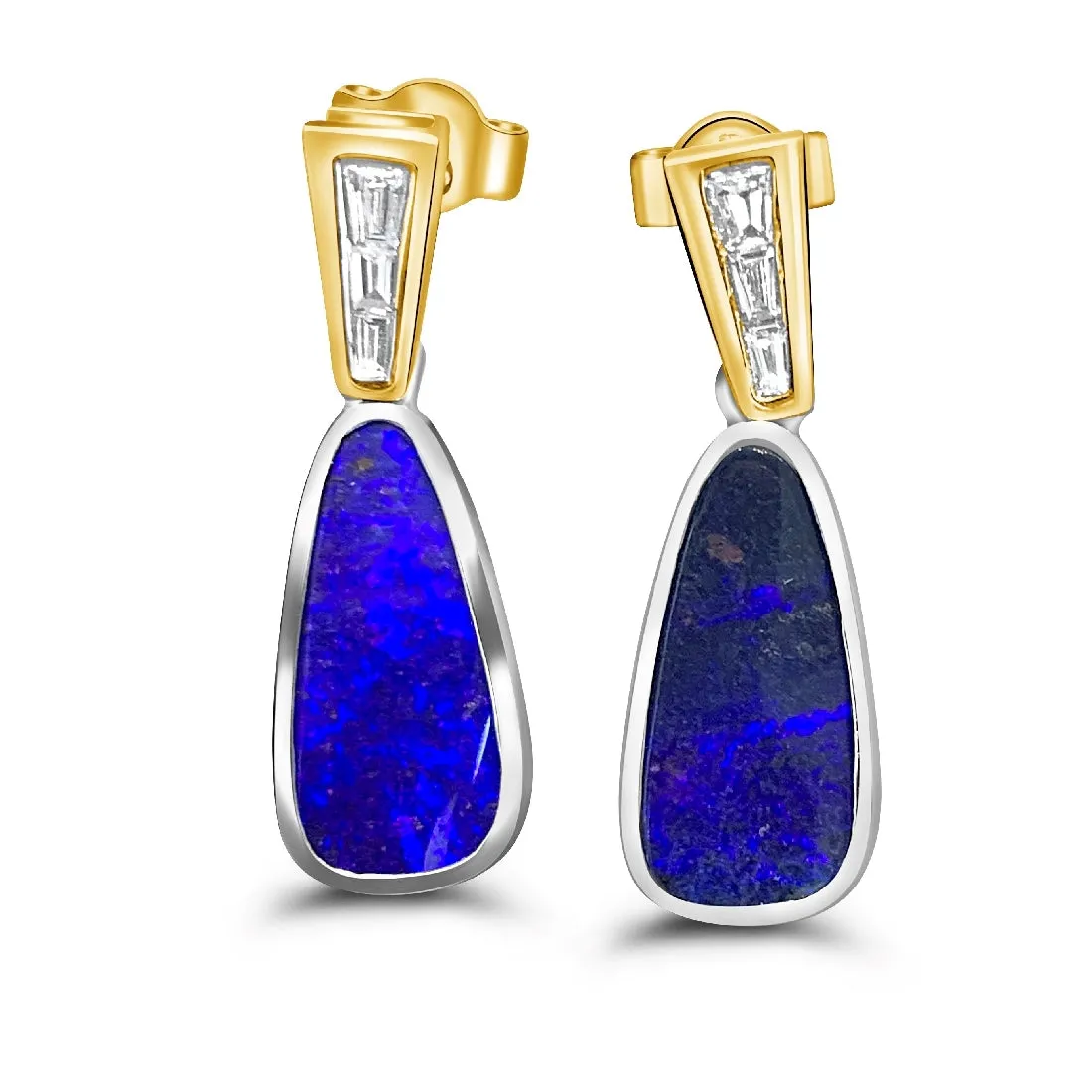 18kt Yellow and White Gold dangling Boulder Opal and Diamond earrings