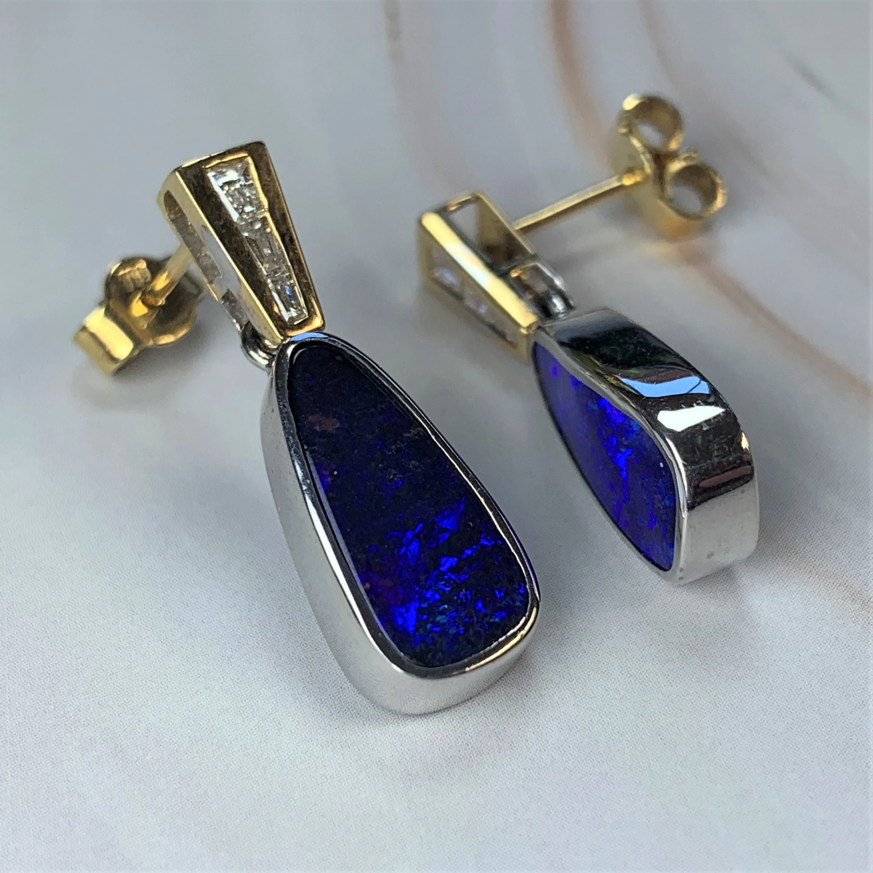 18kt Yellow and White Gold dangling Boulder Opal and Diamond earrings