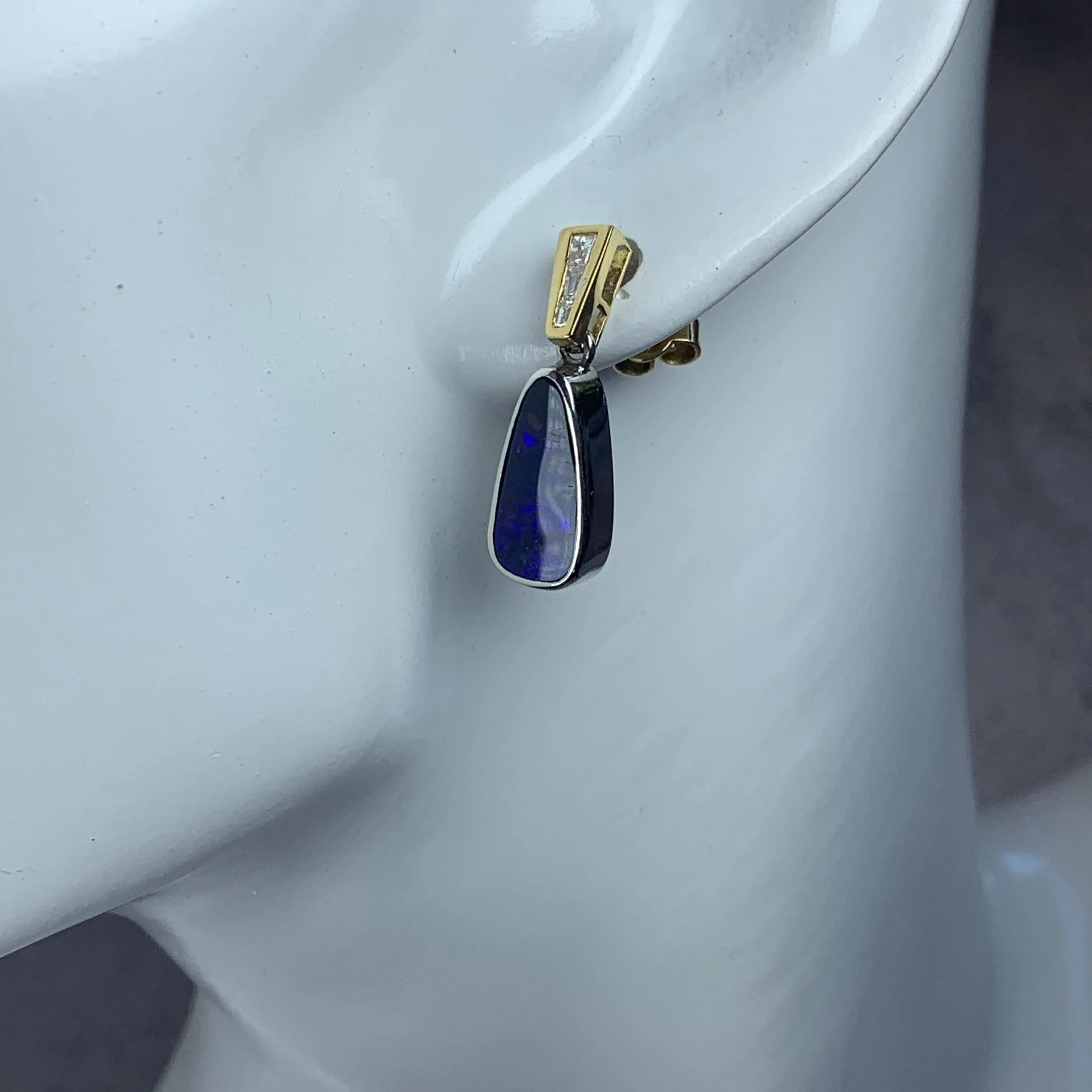 18kt Yellow and White Gold dangling Boulder Opal and Diamond earrings