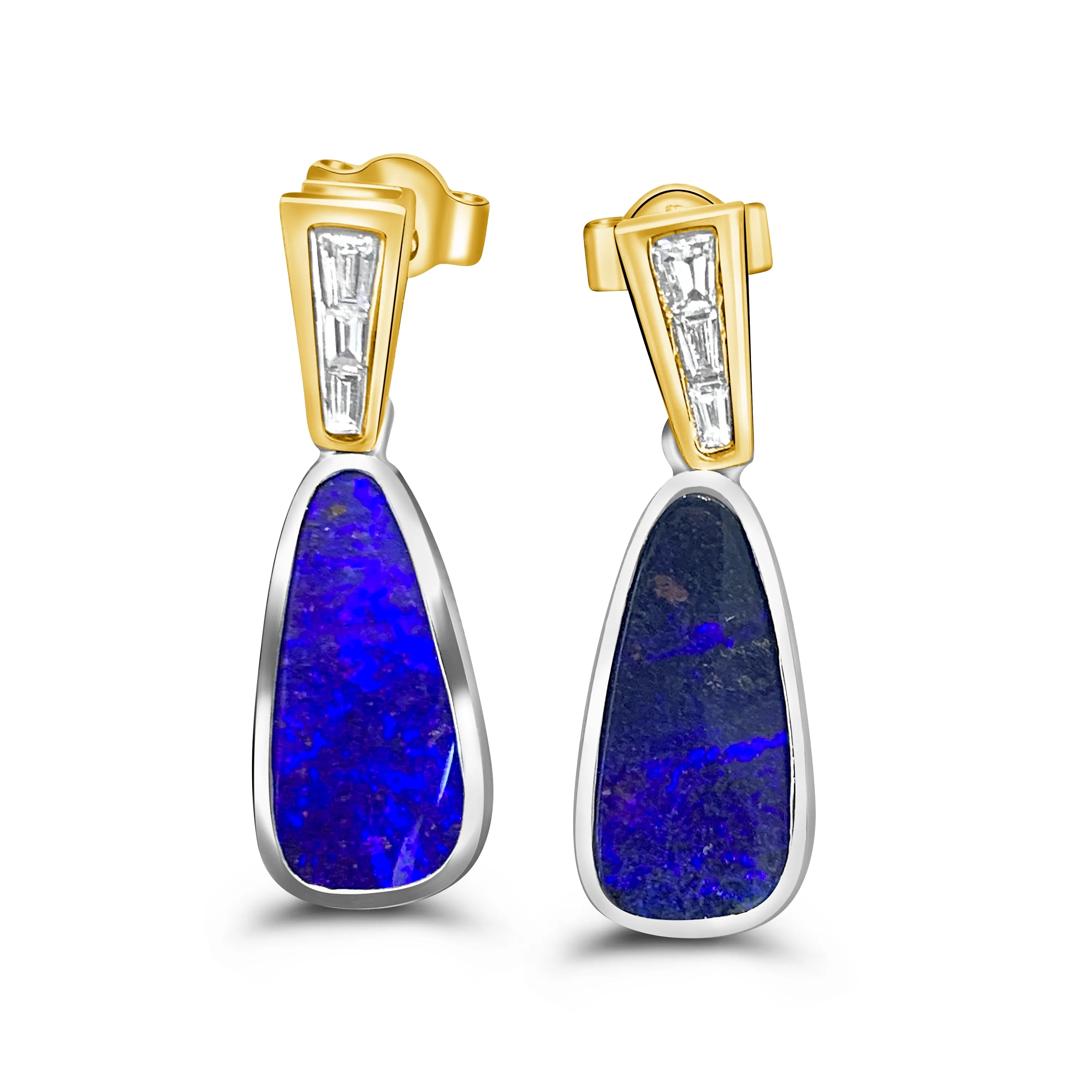 18kt Yellow and White Gold dangling Boulder Opal and Diamond earrings