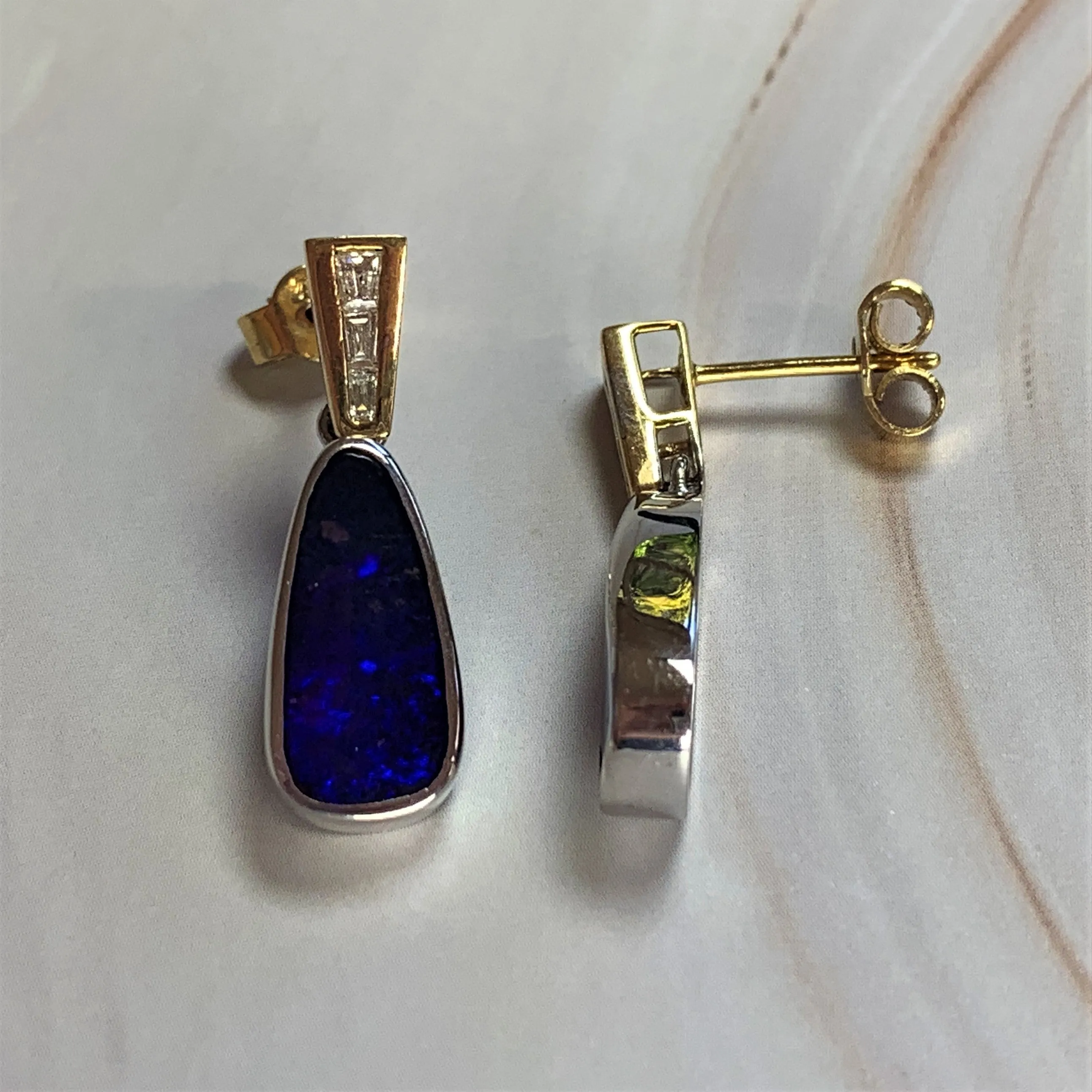 18kt Yellow and White Gold dangling Boulder Opal and Diamond earrings