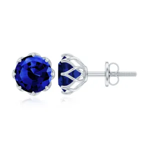 2 CT Created Blue Sapphire Solitaire Stud Earrings in Decorating Prong
