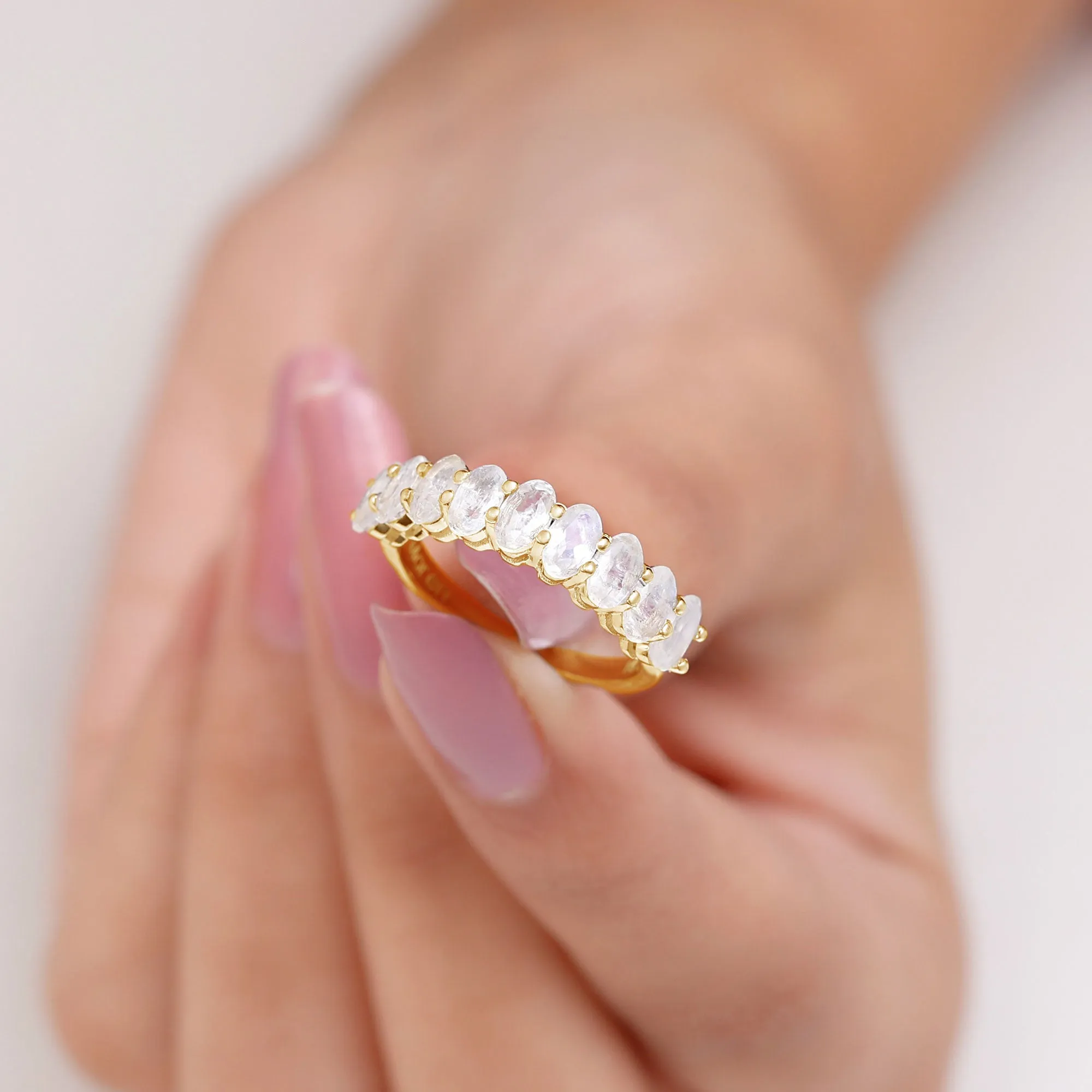 2 CT Oval Cut Moonstone Nine Stone Band Ring