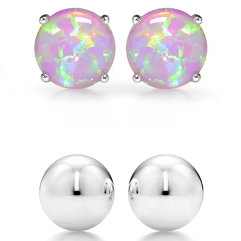 2-Pairs: Pink Opal Stud and Sterling Silver Ball Stud Set