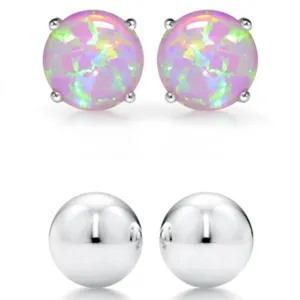 2-Pairs: Pink Opal Stud and Sterling Silver Ball Stud Set