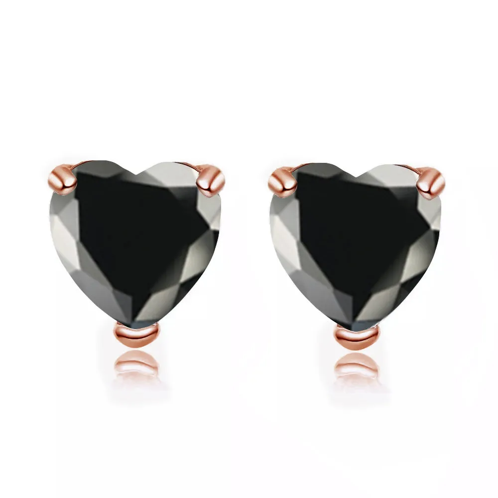 24k Rose Gold Plated 1 Carat Heart Created Black Sapphire Stud Earrings