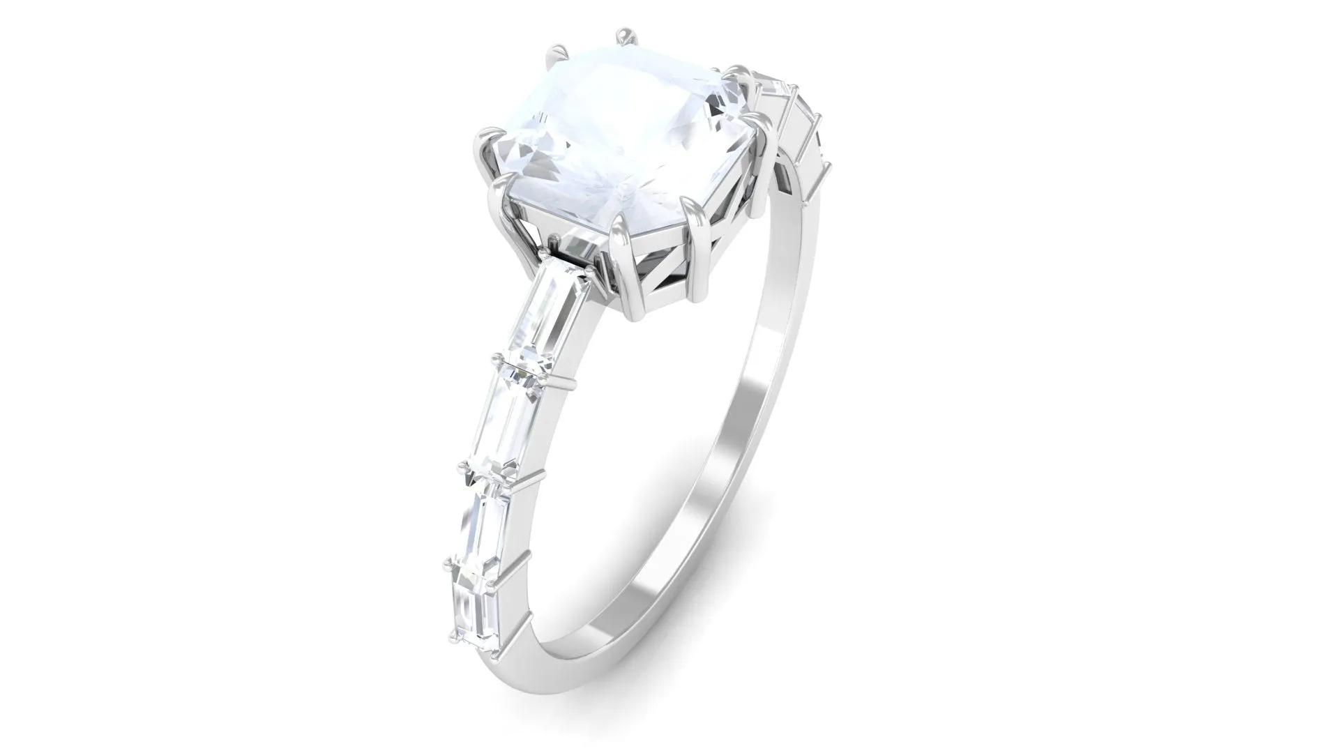 3.5 CT Asscher Cut Moonstone Solitaire Ring with Diamond Side Stones
