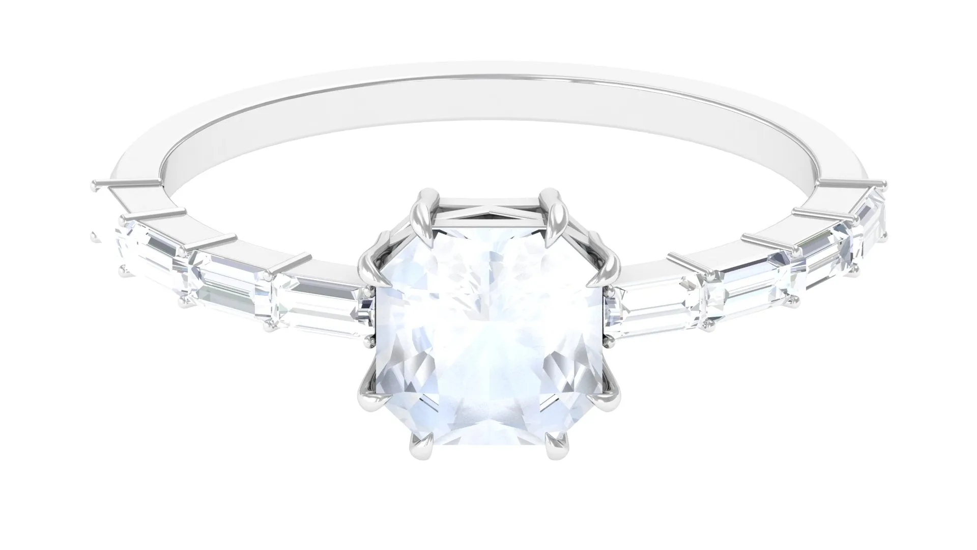 3.5 CT Asscher Cut Moonstone Solitaire Ring with Diamond Side Stones