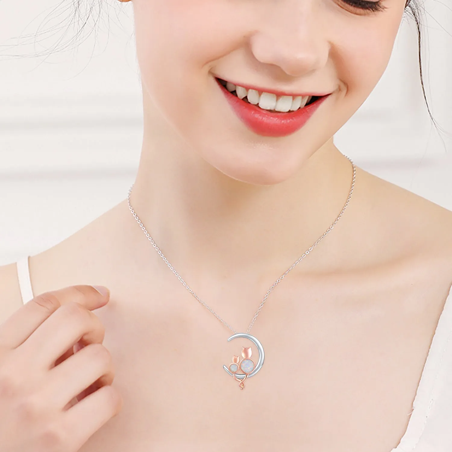 925 Sterling Silver Crescent Moon Opal Cat Pendant Necklace