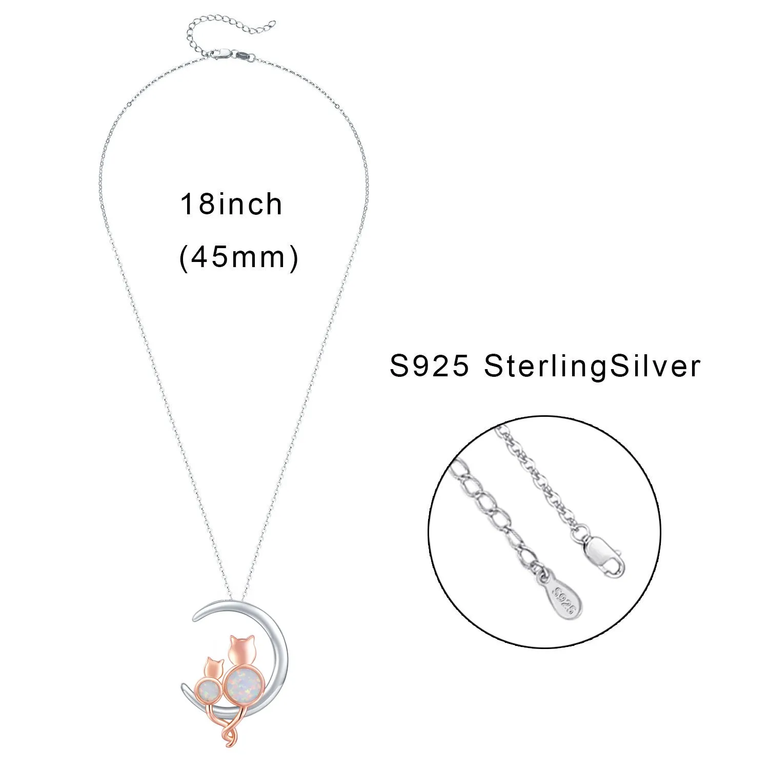 925 Sterling Silver Crescent Moon Opal Cat Pendant Necklace