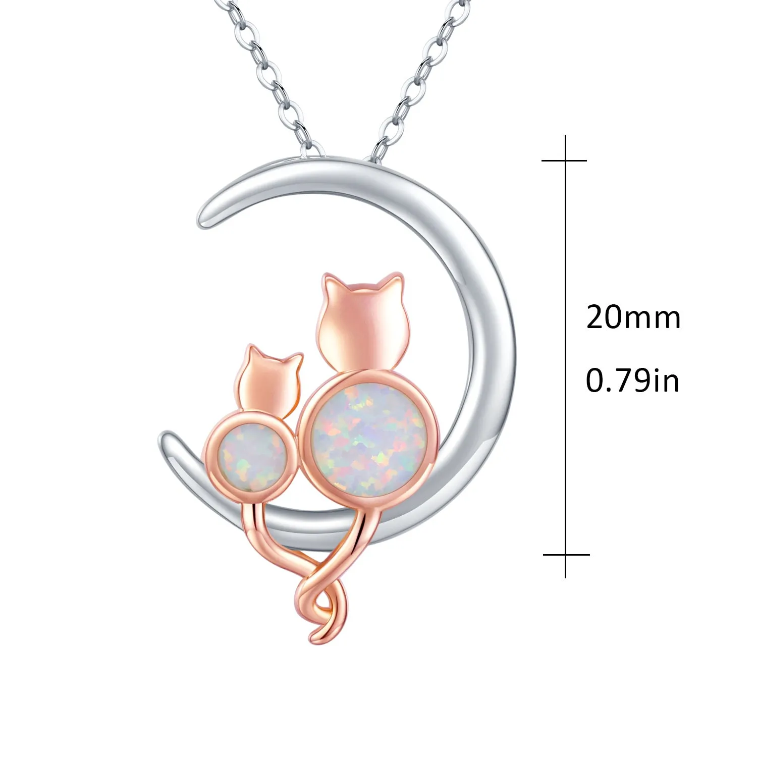 925 Sterling Silver Crescent Moon Opal Cat Pendant Necklace