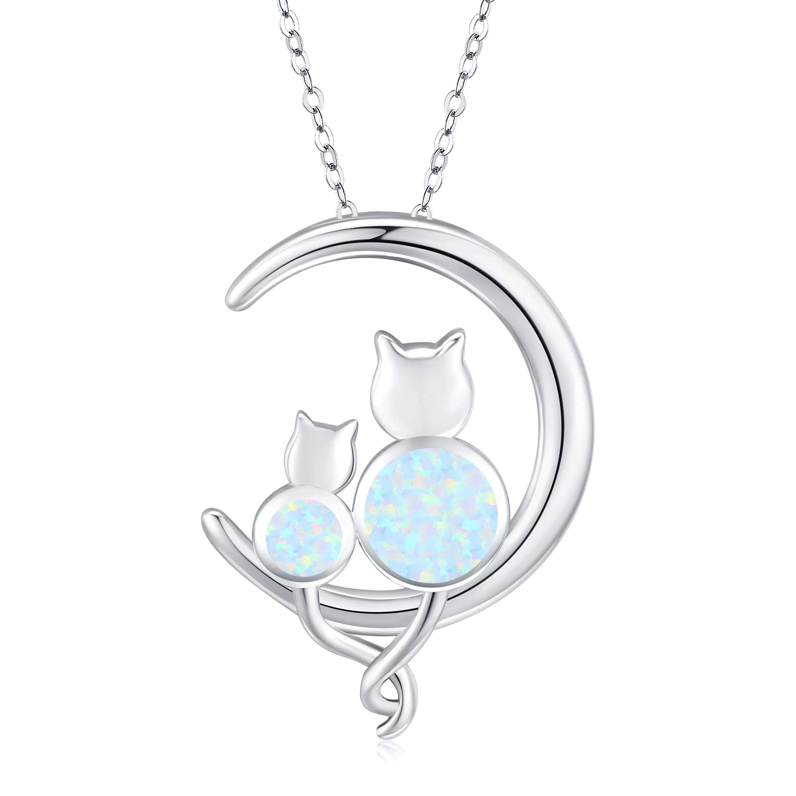 925 Sterling Silver Crescent Moon Opal Cat Pendant Necklace