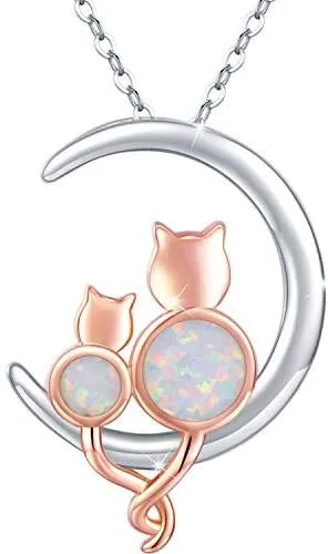 925 Sterling Silver Crescent Moon Opal Cat Pendant Necklace