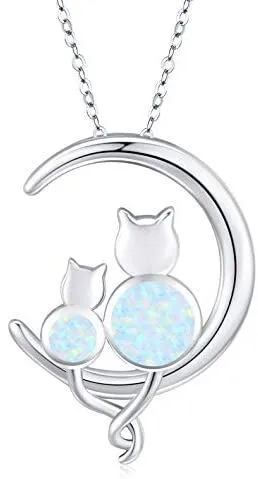 925 Sterling Silver Crescent Moon Opal Cat Pendant Necklace