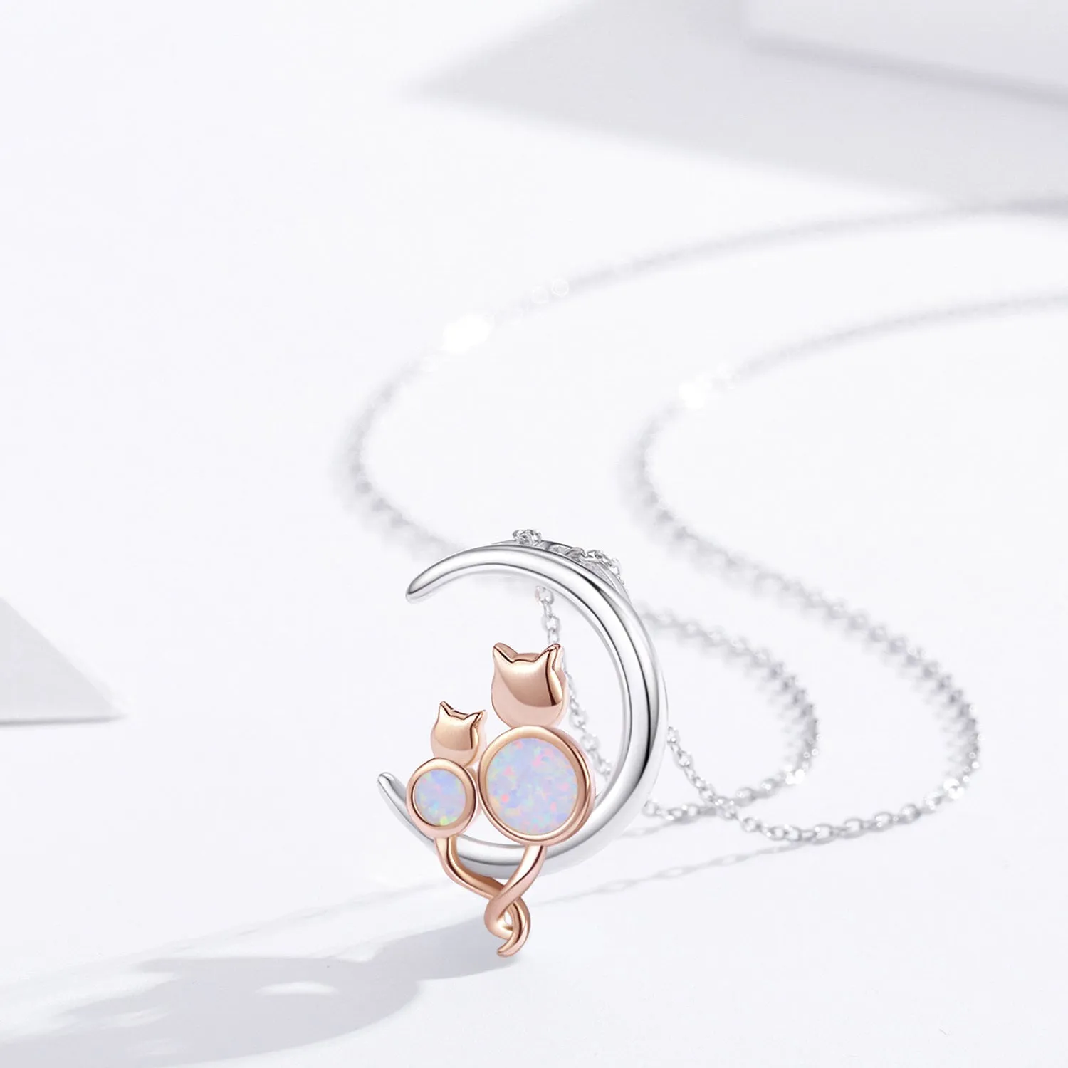 925 Sterling Silver Crescent Moon Opal Cat Pendant Necklace