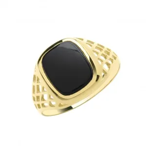 9ct Yellow Gold Mens Cush Black Onyx Bkst Sides Signet Ring RN604