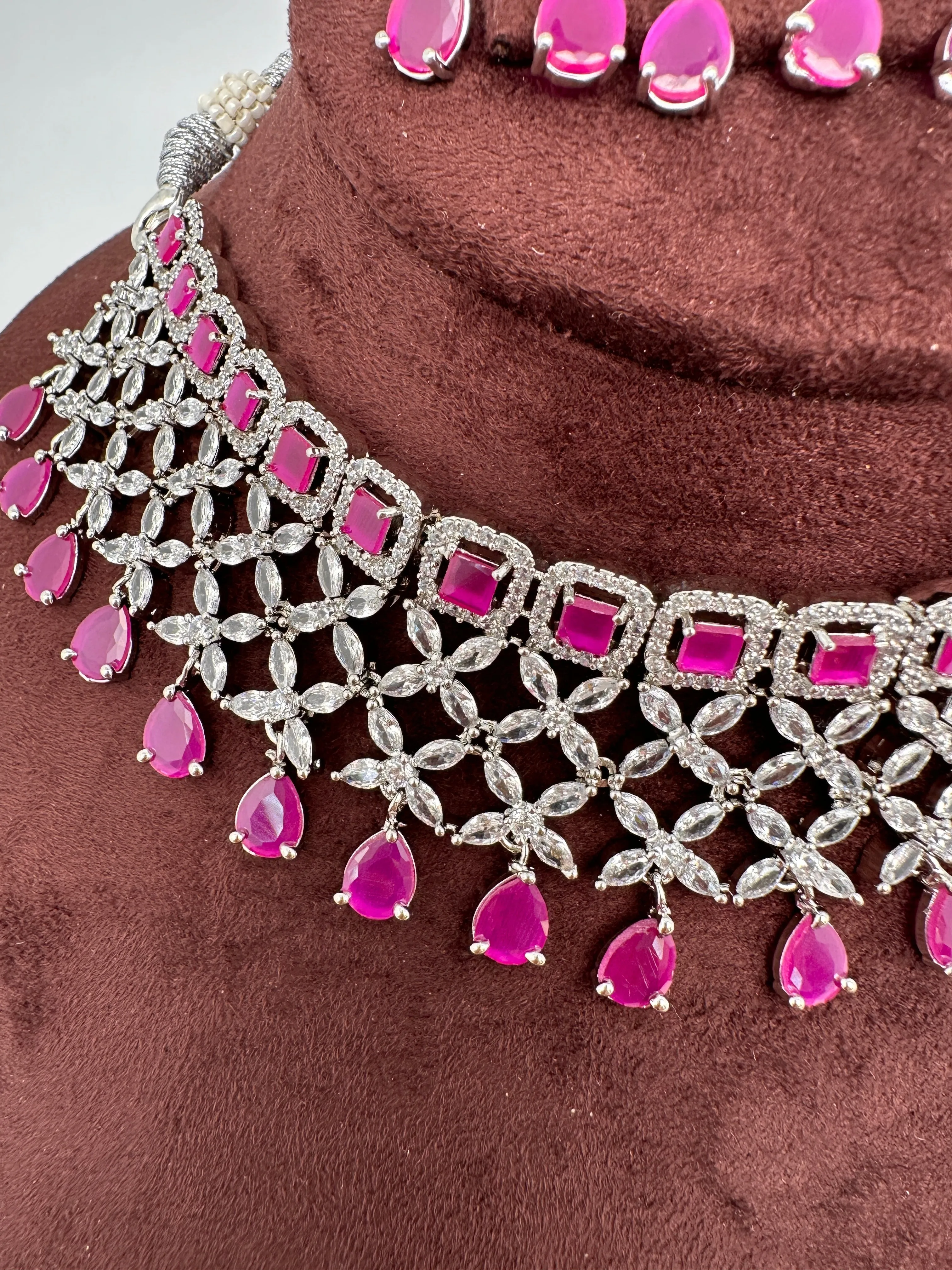 AD Pink Stone Silver Finish Choker