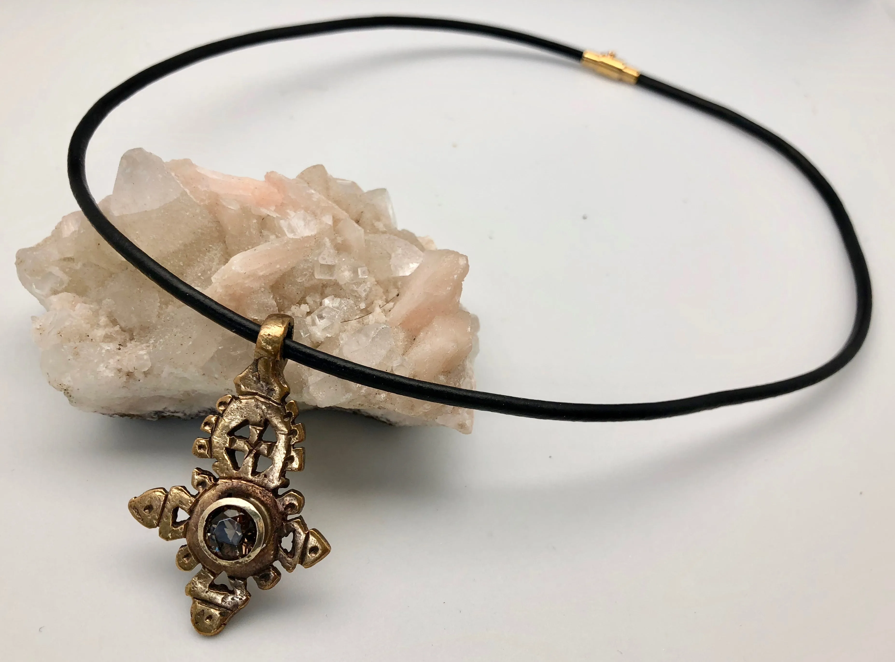 African Trade Beads Gold of Africa Ethiopian Cross Necklace with Crystal