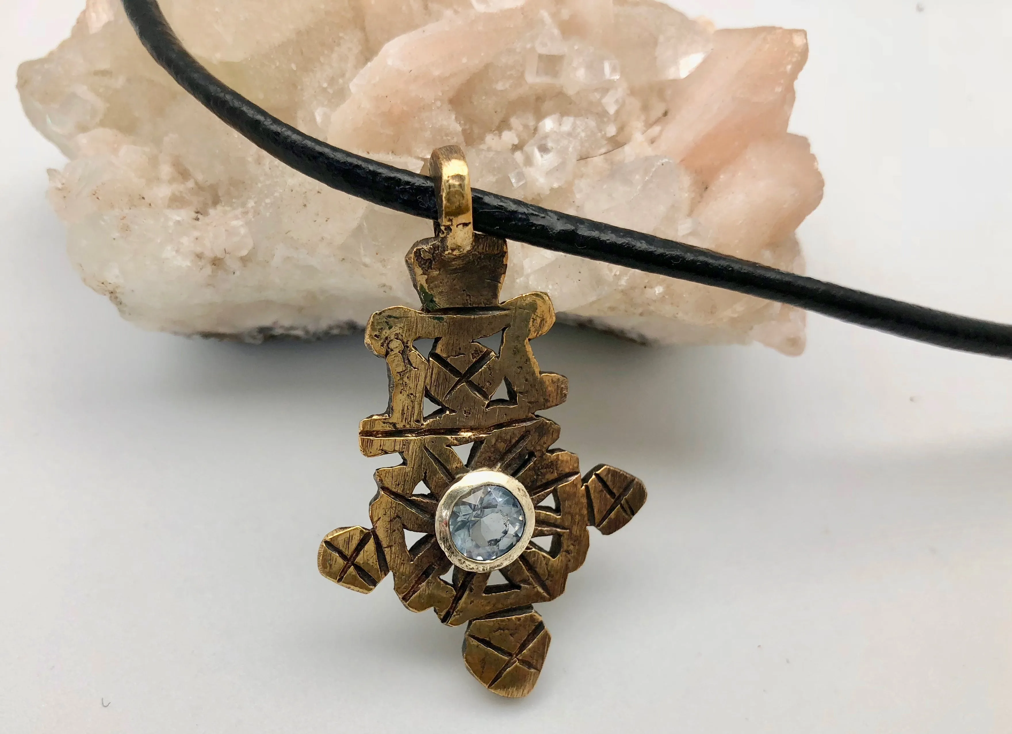 African Trade Beads Gold of Africa Ethiopian Cross Necklace with Crystal