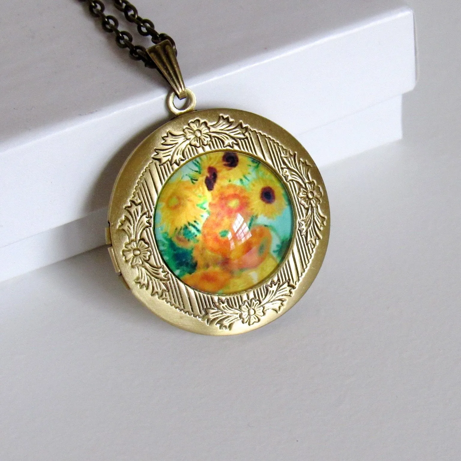 Antique Bronze Sunflower Van Gogh Locket