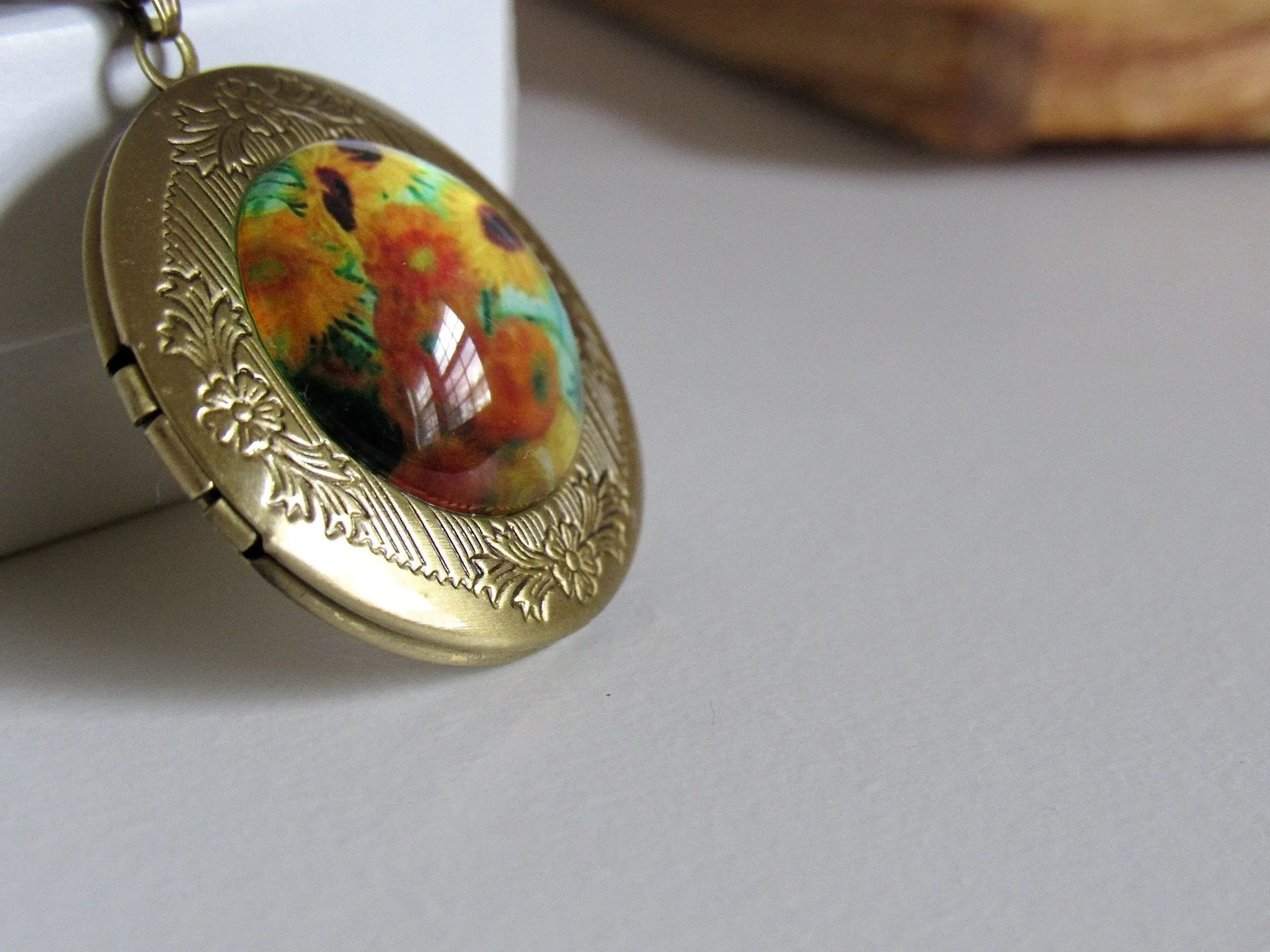 Antique Bronze Sunflower Van Gogh Locket