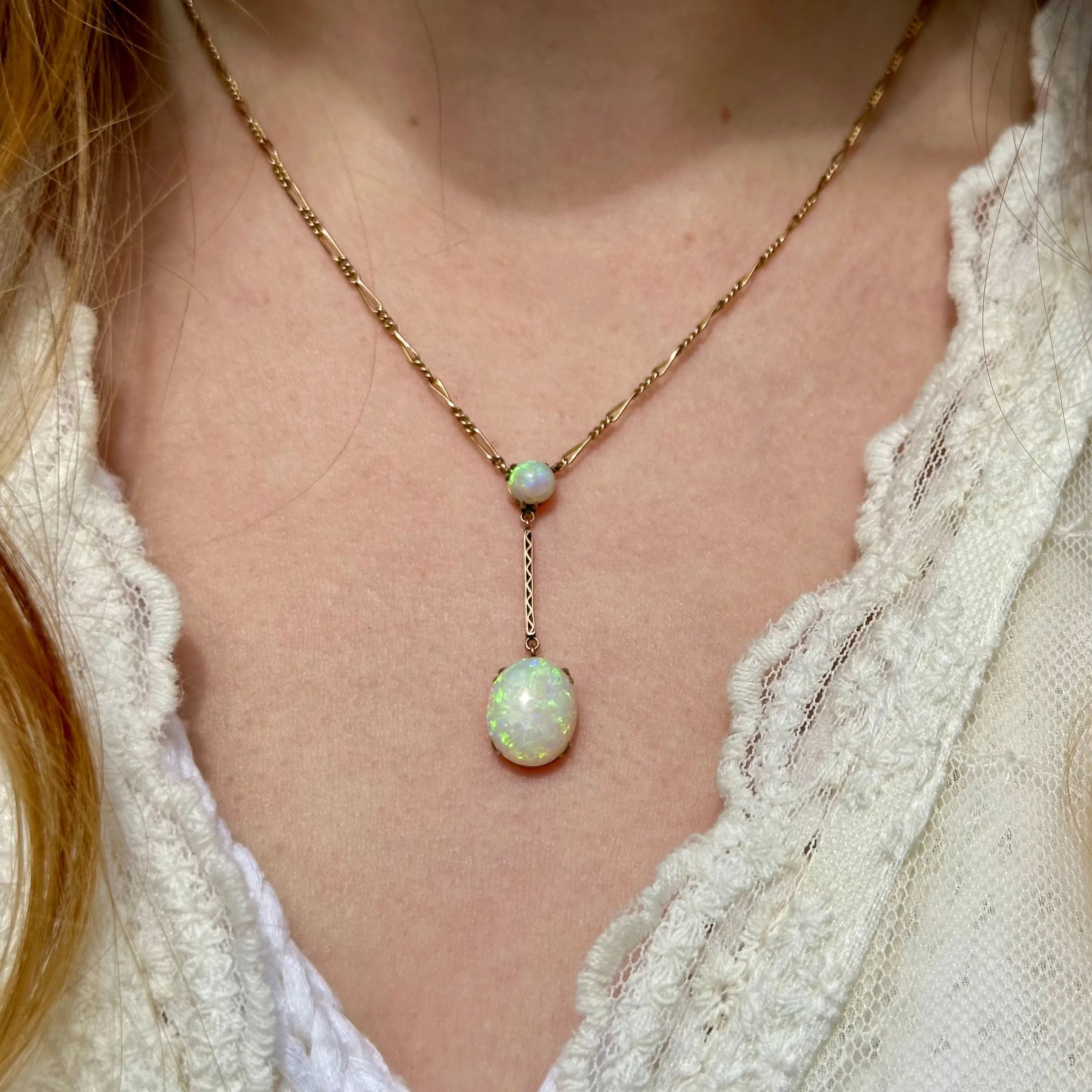 Antique Edwardian Opal Lavaliere Necklace 9ct Gold