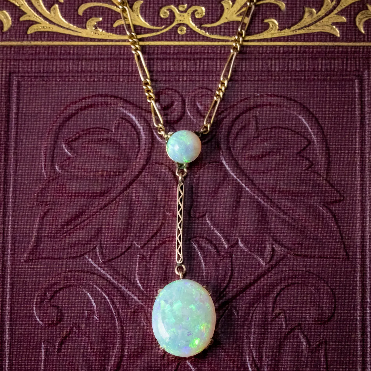 Antique Edwardian Opal Lavaliere Necklace 9ct Gold