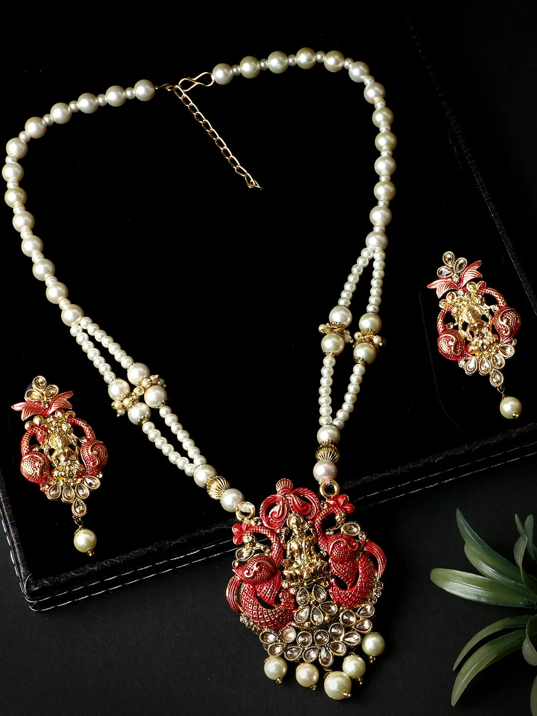 Antique Matte Gold Finish Meenakari Pearl Temple Jewellery - Anikas Creation