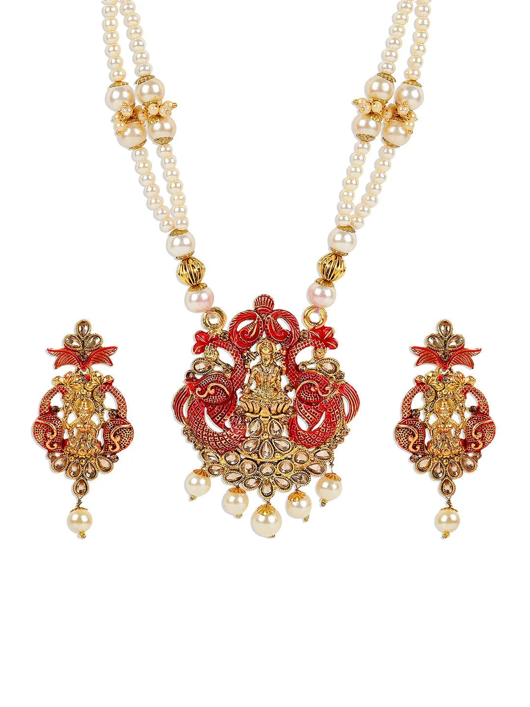 Antique Matte Gold Finish Meenakari Pearl Temple Jewellery - Anikas Creation