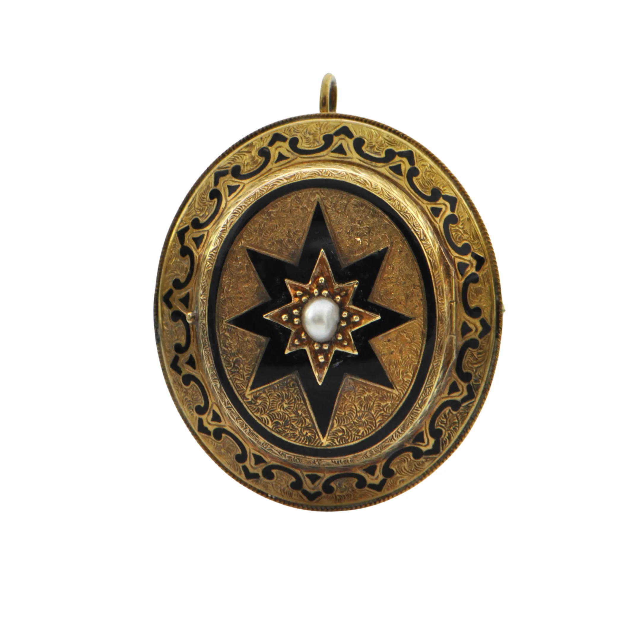 Antique Victorian Enamel and Pearl 18K Yellow Gold Mourning Locket