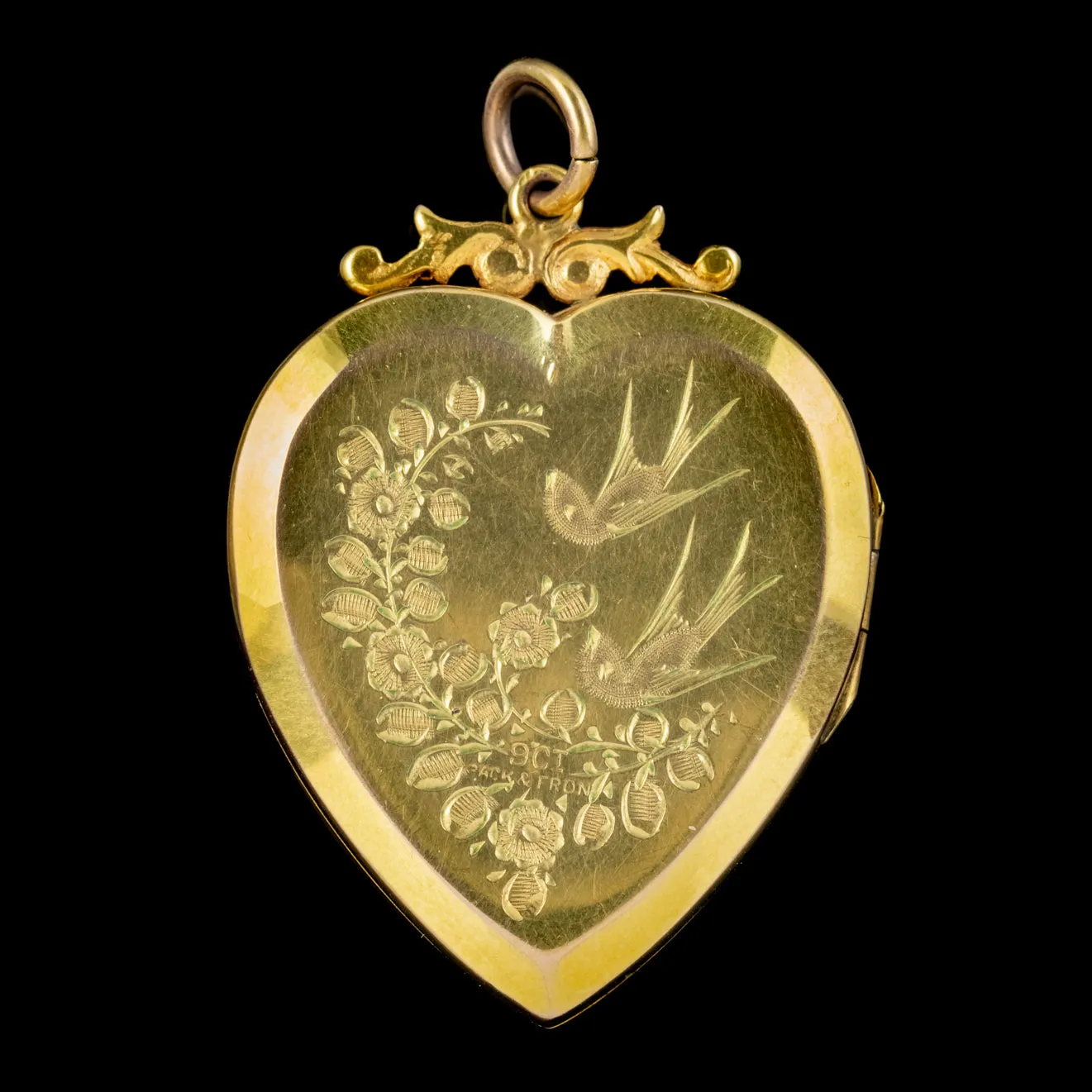 Antique Victorian Heart Locket 9Ct Gold Back And Front Swallow Forget Me Not Circa 1860