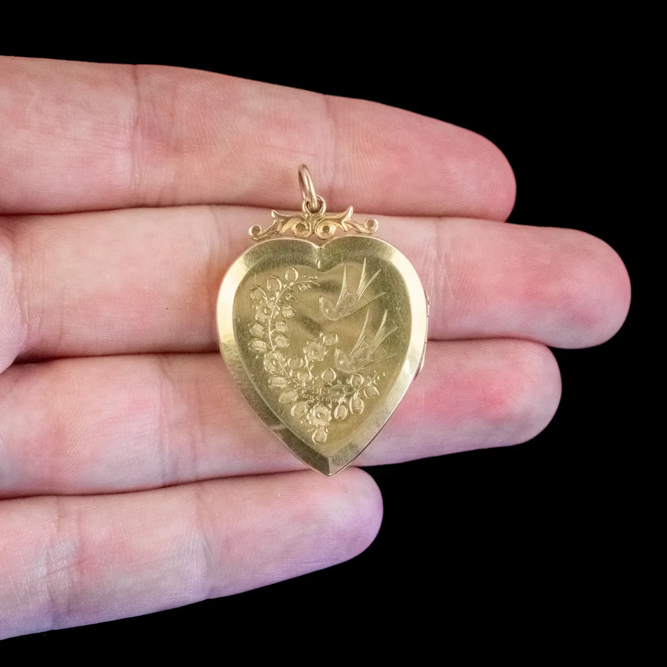 Antique Victorian Heart Locket 9Ct Gold Back And Front Swallow Forget Me Not Circa 1860
