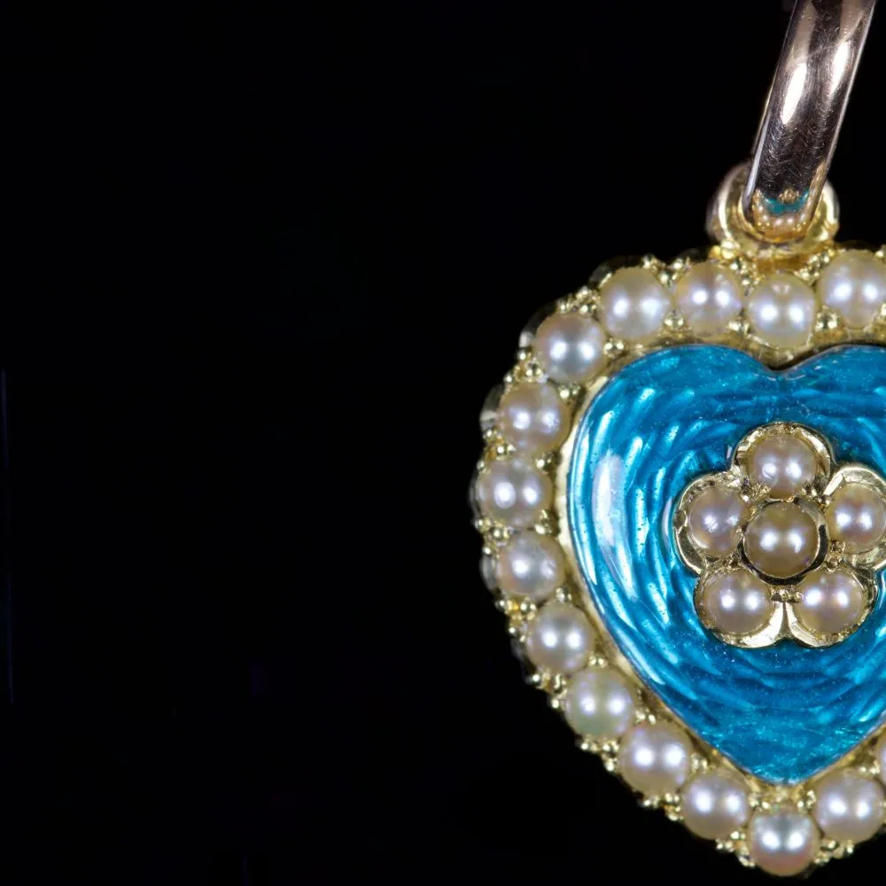 Antique Victorian Pearl Enamel Heart Locket Pendant 15Ct Circa 1890