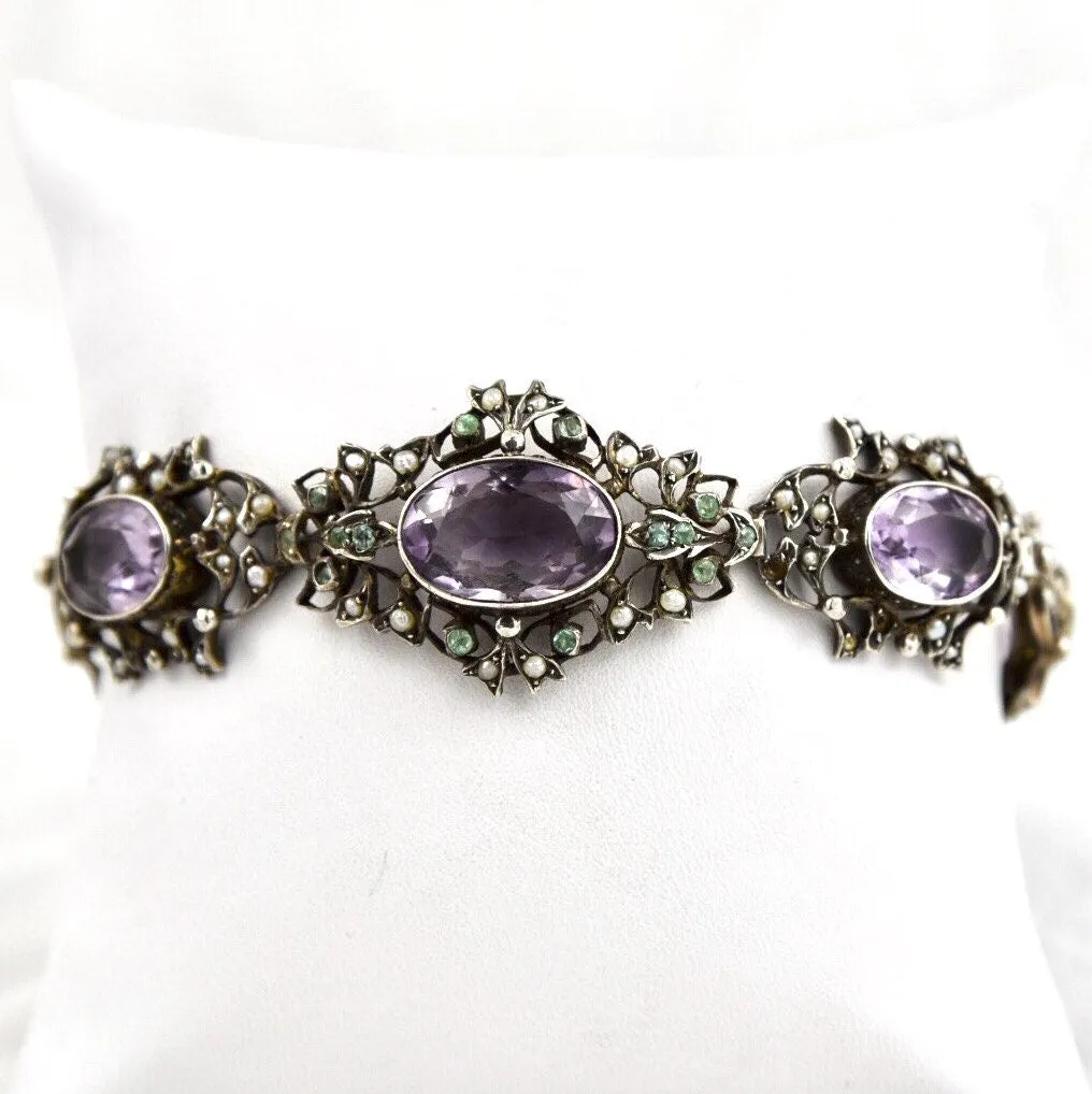 Art Nouveau Edwardian Amethyst, Peridot, Seed Pearl 935 Fine Sterling Silver Bracelet