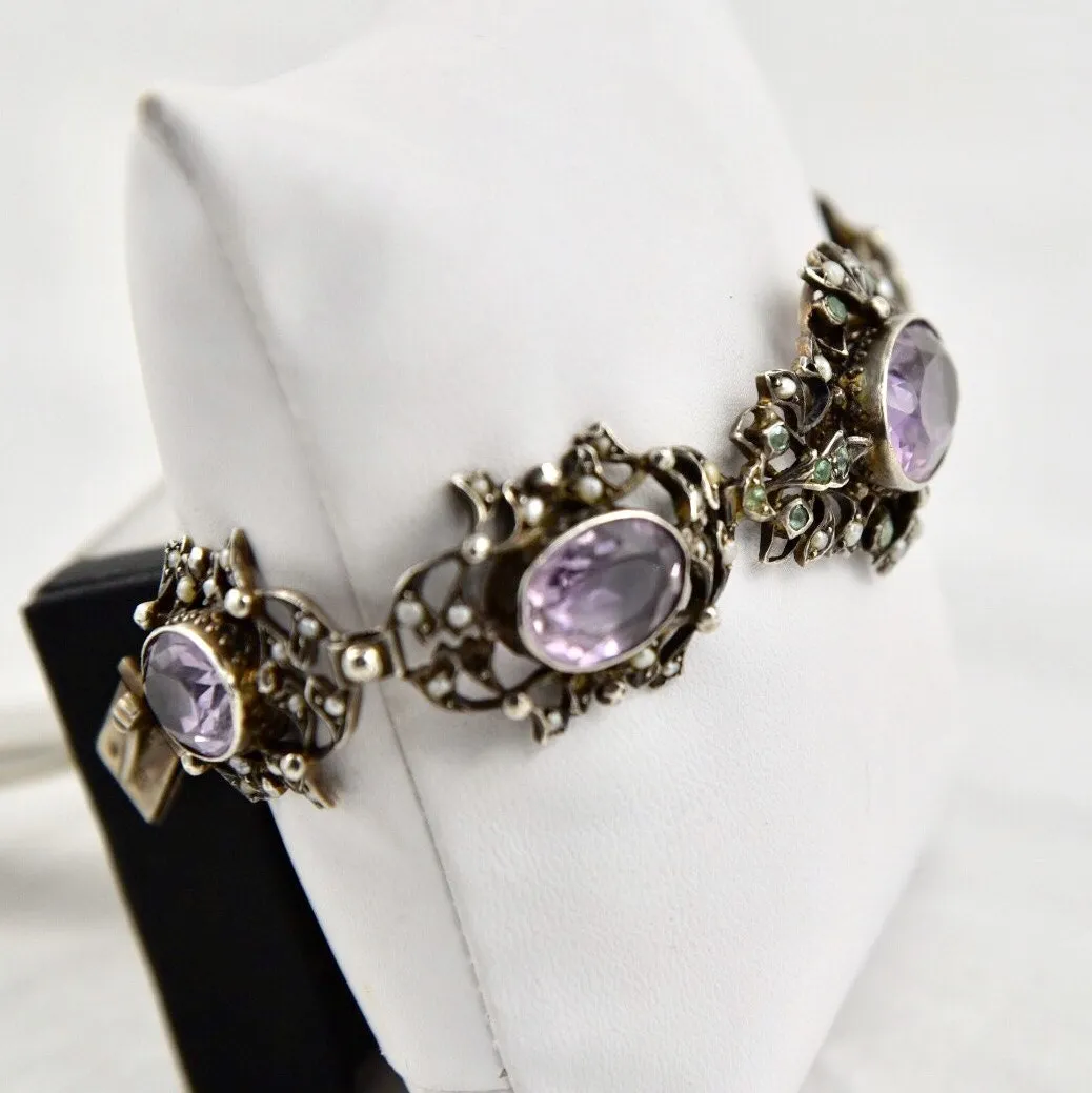 Art Nouveau Edwardian Amethyst, Peridot, Seed Pearl 935 Fine Sterling Silver Bracelet