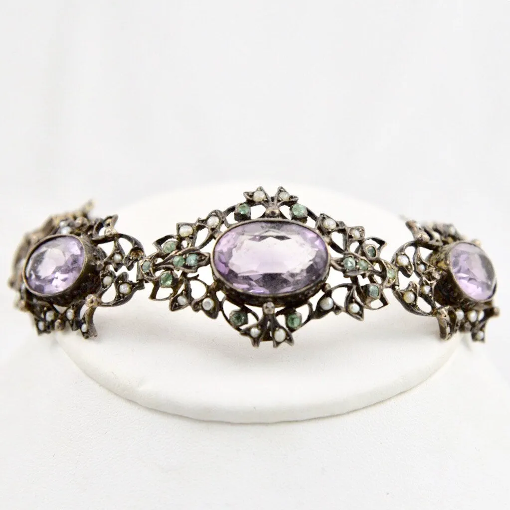 Art Nouveau Edwardian Amethyst, Peridot, Seed Pearl 935 Fine Sterling Silver Bracelet