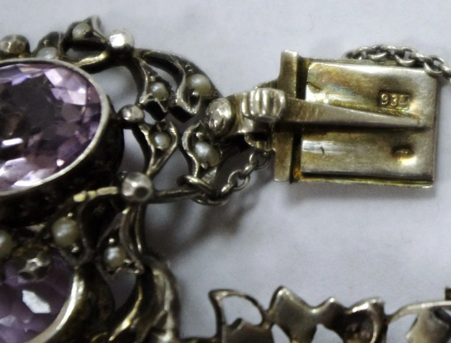 Art Nouveau Edwardian Amethyst, Peridot, Seed Pearl 935 Fine Sterling Silver Bracelet