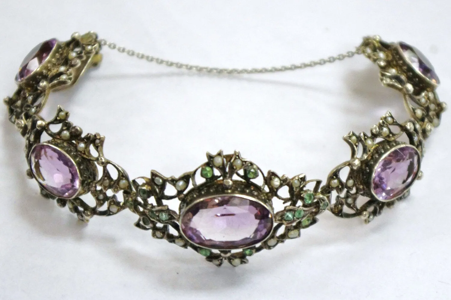 Art Nouveau Edwardian Amethyst, Peridot, Seed Pearl 935 Fine Sterling Silver Bracelet