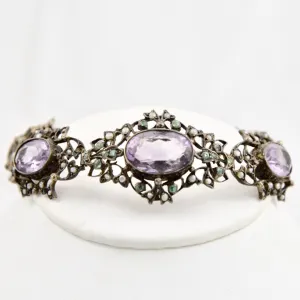 Art Nouveau Edwardian Amethyst, Peridot, Seed Pearl 935 Fine Sterling Silver Bracelet