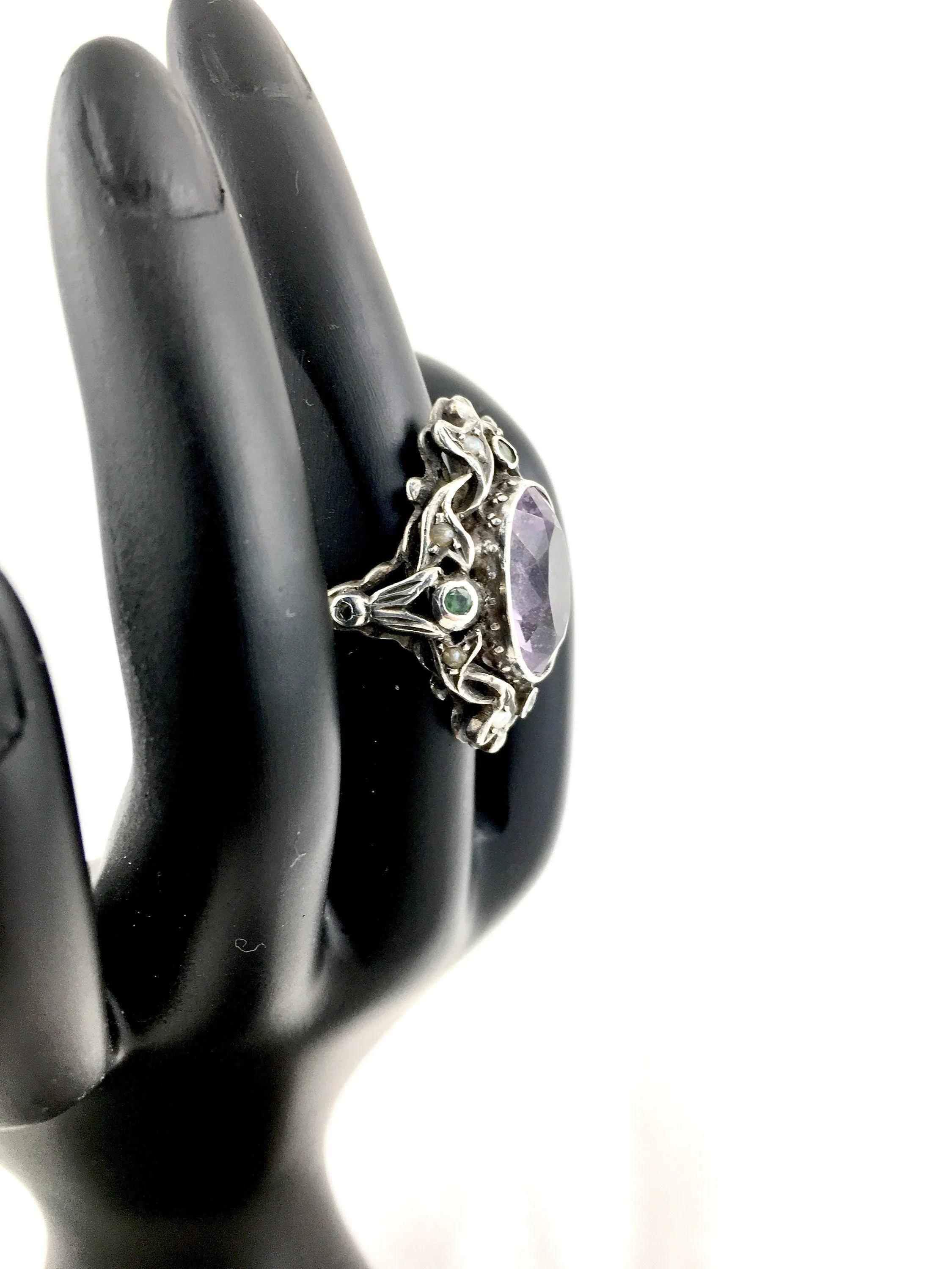 Art Nouveau Suffragette Sterling Silver, Amethyst, Peridot & Seed Pearl Statement Ring c.1915 Purple, Green and White