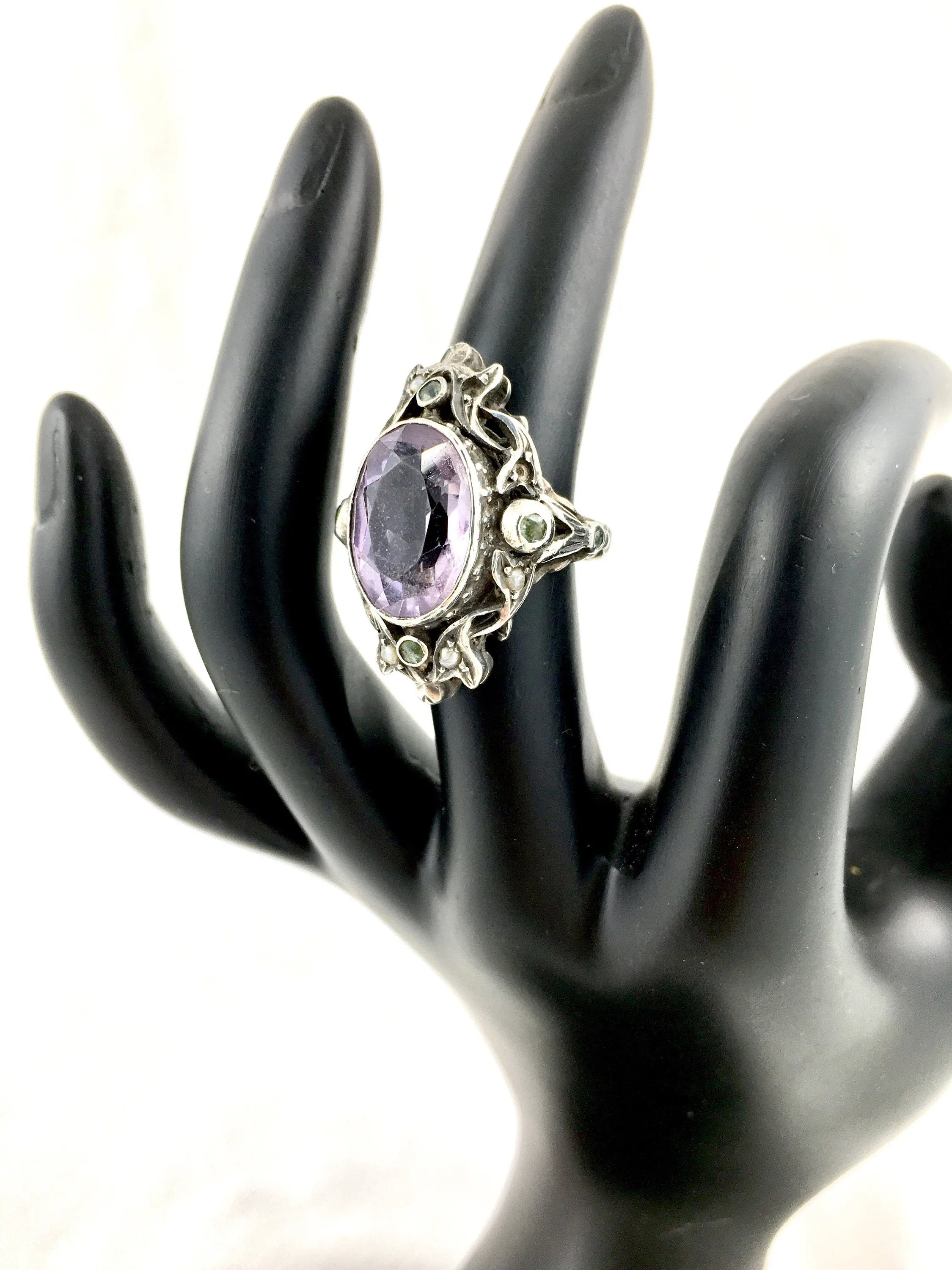 Art Nouveau Suffragette Sterling Silver, Amethyst, Peridot & Seed Pearl Statement Ring c.1915 Purple, Green and White