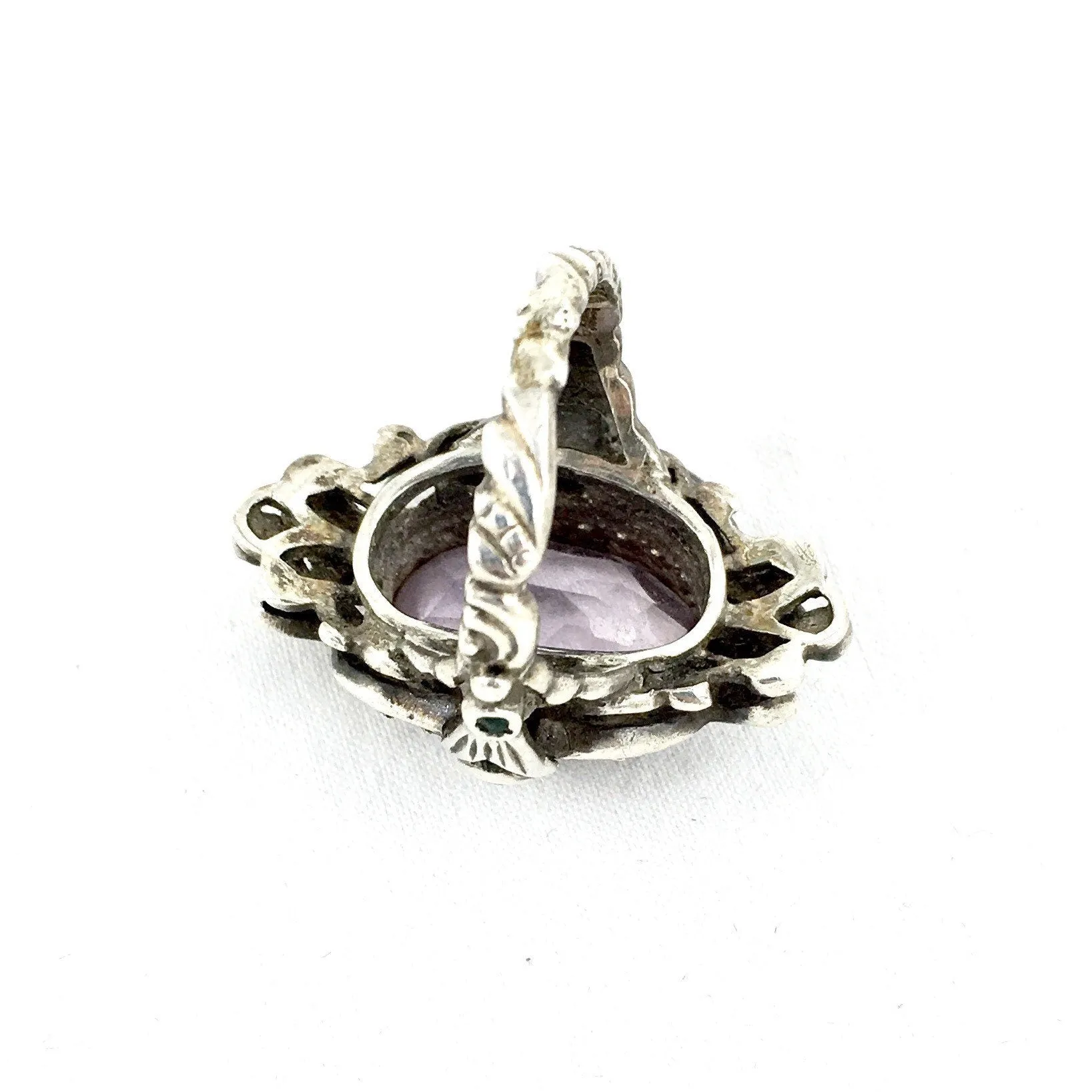 Art Nouveau Suffragette Sterling Silver, Amethyst, Peridot & Seed Pearl Statement Ring c.1915 Purple, Green and White