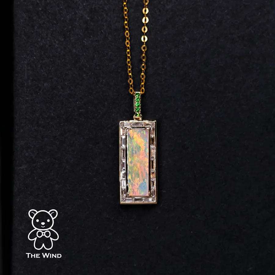 Baguette Diamond Invisible Setting Australian Opal & Tsavorite Necklace 18k Yellow Gold