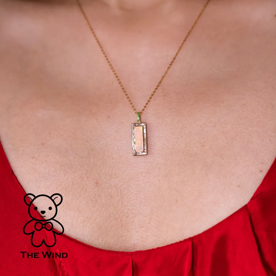 Baguette Diamond Invisible Setting Australian Opal & Tsavorite Necklace 18k Yellow Gold