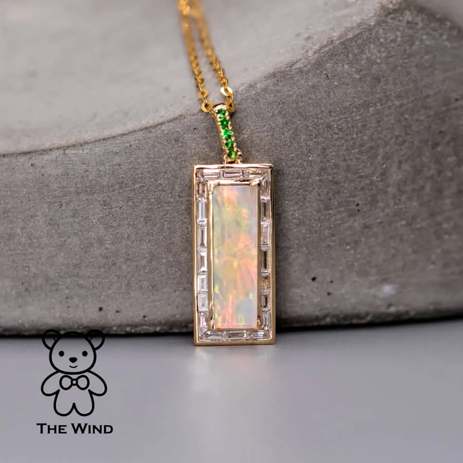 Baguette Diamond Invisible Setting Australian Opal & Tsavorite Necklace 18k Yellow Gold