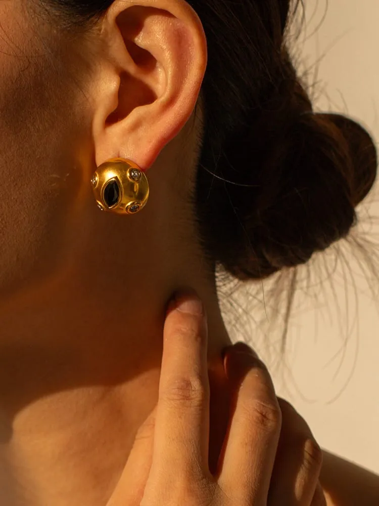 Ball Earrings 18K Gold Plated Big Chunky Ball Earrings Center Cubic Zirconia Simulated Diamonds Onyx