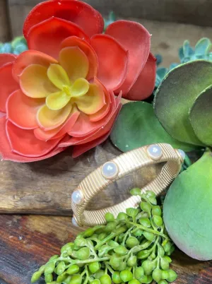 Bandera Ribbed Gold Bracelet with Pearl Accents